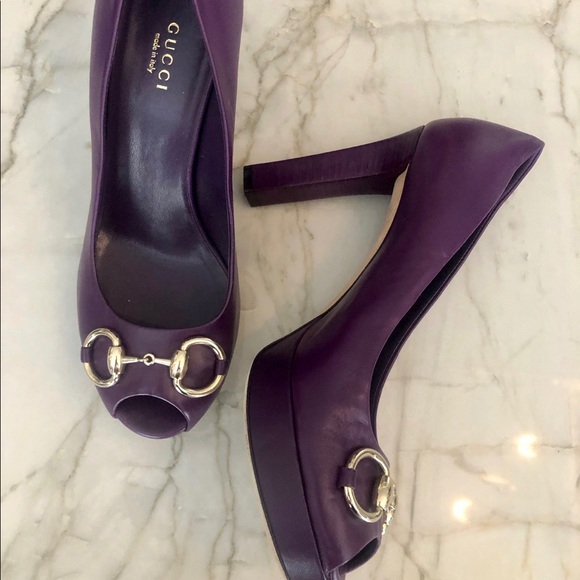 Purple Gucci Horsebit Leather Peep Toe Pumps - Picture 3 of 7